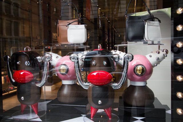 Prada's Soho store display shows monkey-like figures with big red lips on Friday, December 14, 2018.
